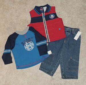 24 month Baby Q “Sports Crew Athletic Dept” 3 piece outfit-vest, jeans, LS shirt